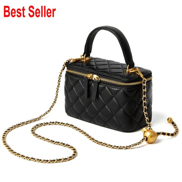 Lambskin Leather Quilted Crossbody Bag Mini Top Handle Pouch